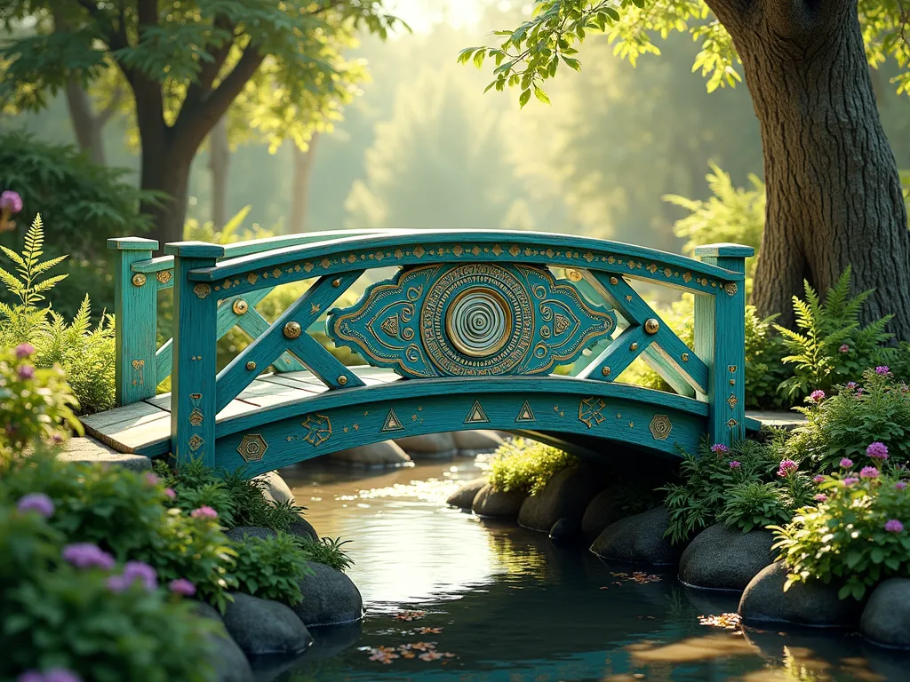 Geometric Pattern Garden Bridge - A charming wooden garden bridge spanning a small stream, beautifully painted with intricate geometric patterns in vibrant teal, white, and gold. The bridge features a mandala-inspired design in the center, with repeating triangles and hexagons flowing along the railings. Lush green ferns and flowering perennials frame both ends of the bridge, while dappled sunlight filters through overhead tree canopy, creating a magical atmosphere. Photorealistic, high detail, landscaping photography style.