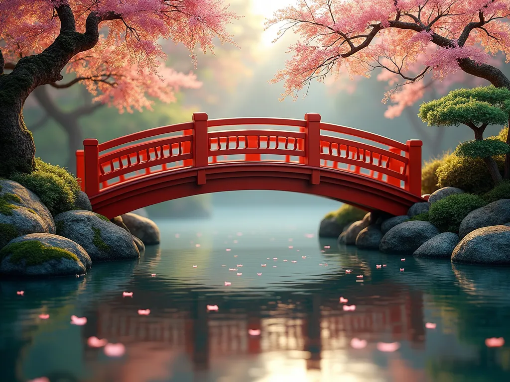 Traditional Japanese Red Arched Bridge - A stunning traditional Japanese red arched bridge with ornate railings spans across a peaceful koi pond in a zen garden setting. The bridge's vibrant vermillion red color creates a dramatic contrast against lush green Japanese maples and flowing wisteria vines that gracefully climb along its structure. Crystal-clear water below reflects the bridge's elegant arch, while smooth river stones and carefully placed moss-covered rocks line the pond's edge. Soft morning mist creates an ethereal atmosphere, with delicate cherry blossom petals scattered on the water's surface. The scene is composed in a harmonious balance, photographed at golden hour with gentle natural lighting.