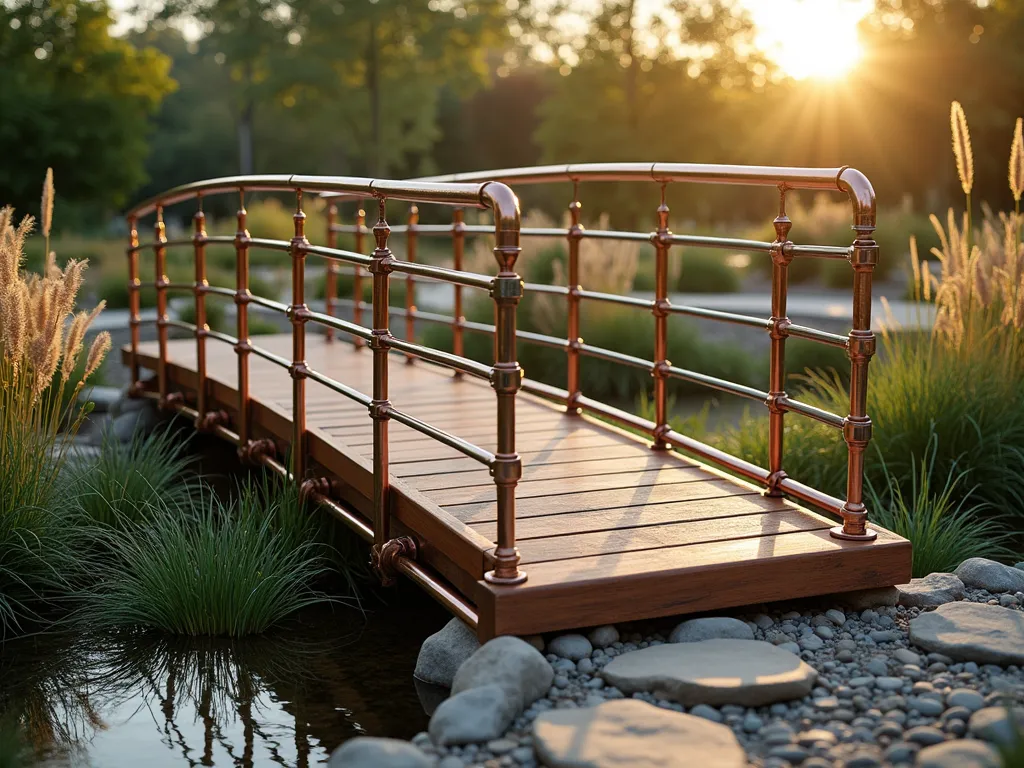 Modern Copper Pipe Garden Bridge - A sleek modern garden bridge made of polished copper pipes and rich wooden planks, spanning a small stream. The copper pipes form elegant industrial-style railings with a subtle green patina, contrasting beautifully with warm teak decking. Photographed during golden hour, with contemporary landscaping featuring ornamental grasses. Hyper-realistic, architectural photography style, showing intricate construction details.