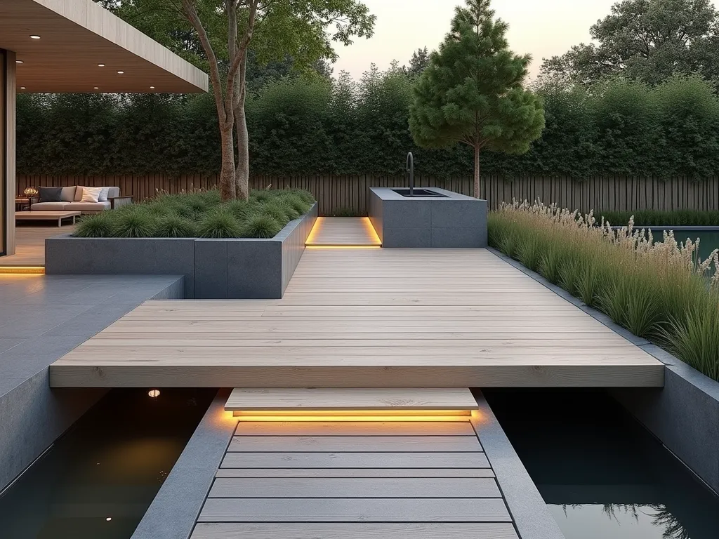 Modern Floating Deck Bridge - A contemporary floating deck bridge in light-toned wood seamlessly connecting two garden areas, elevated slightly above ground level. The bridge appears to hover effortlessly, with clean minimalist lines and hidden support structures. Surrounded by modern landscaping with ornamental grasses and geometric planters. Soft evening lighting underneath creates a ethereal floating effect. Shot from a 45-degree angle showcasing the bridge's floating design and architectural elements, photorealistic style, 8k resolution.