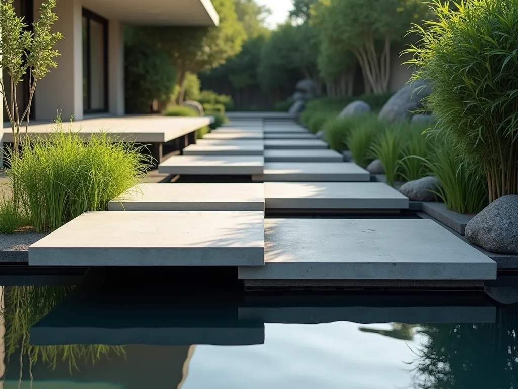 Modern Floating Step Garden Bridge - A serene modern garden scene with floating concrete steps hovering above a reflective koi pond, creating an illusion of walking on water. The steps are minimalist rectangular platforms in light gray, perfectly spaced for comfortable walking. Surrounded by modern landscaping with Japanese forest grass and black bamboo. Soft morning light creates subtle shadows beneath each floating step. The water surface mirrors the steps and surrounding greenery, enhanced by gentle ripples. Clean lines and zen-inspired design elements frame the scene.