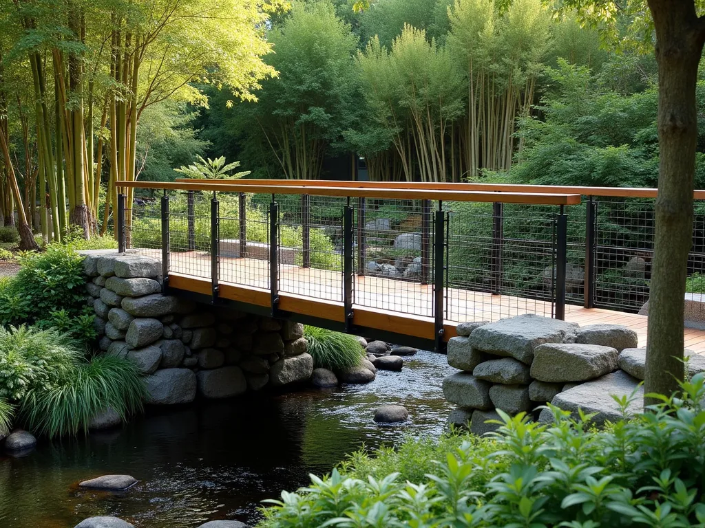 Modern Gabion Garden Bridge - A stunning modern garden bridge featuring industrial gabion walls filled with natural stone, supporting a sleek wooden walkway. The bridge spans across a peaceful stream with lush greenery and ferns on both banks. Soft afternoon sunlight filters through surrounding trees, creating dramatic shadows on the wire mesh cages and highlighting the mixed stones within. The wooden decking is made of rich cedar planks, creating a warm contrast against the cool grey stones. Japanese forest grass and creeping moss soften the bridge's edges, while architectural bamboo stands tall in the background.