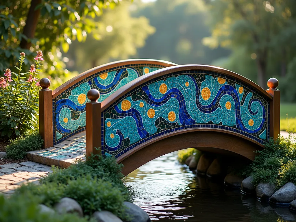 Vibrant Mosaic Garden Bridge - A charming garden bridge with colorful handcrafted mosaic tiles in swirling blue, turquoise, and golden patterns adorning its walking surface and railings. The bridge spans a small stream, surrounded by lush greenery and flowering plants. Sunlight catches the glass tiles, creating a sparkling effect. The mosaic design features flowing organic patterns reminiscent of Van Gogh's Starry Night, with weather-resistant ceramic tiles in jewel tones. The bridge structure is solid wood with curved railings, photographed in early morning light with soft shadows. Artistic, high-end professional photography style, hyperrealistic detail.