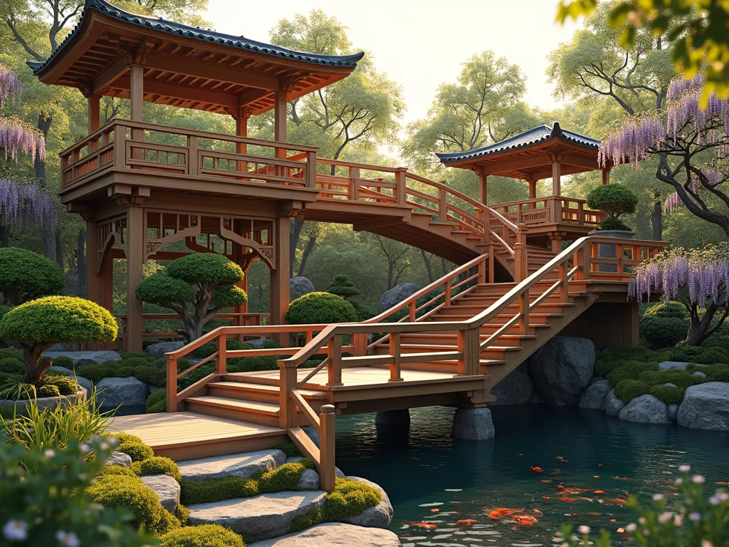 Elegant Multi-Tiered Garden Bridge with Viewing Platforms - A stunning multi-level wooden garden bridge with three cascading platforms, photographed in golden afternoon light. The bridge features Asian-inspired architecture with curved railings and pergola elements. Each level includes built-in benches and circular viewing areas adorned with potted Japanese maples and flowering wisteria. The platforms are connected by gentle stairs with copper handrails. Below, a serene koi pond reflects the structure, surrounded by moss-covered stones and ornamental grasses. Natural wood tones contrast beautifully with lush greenery and purple wisteria blooms. Photorealistic, architectural photography style, 4K, detailed craftsmanship.