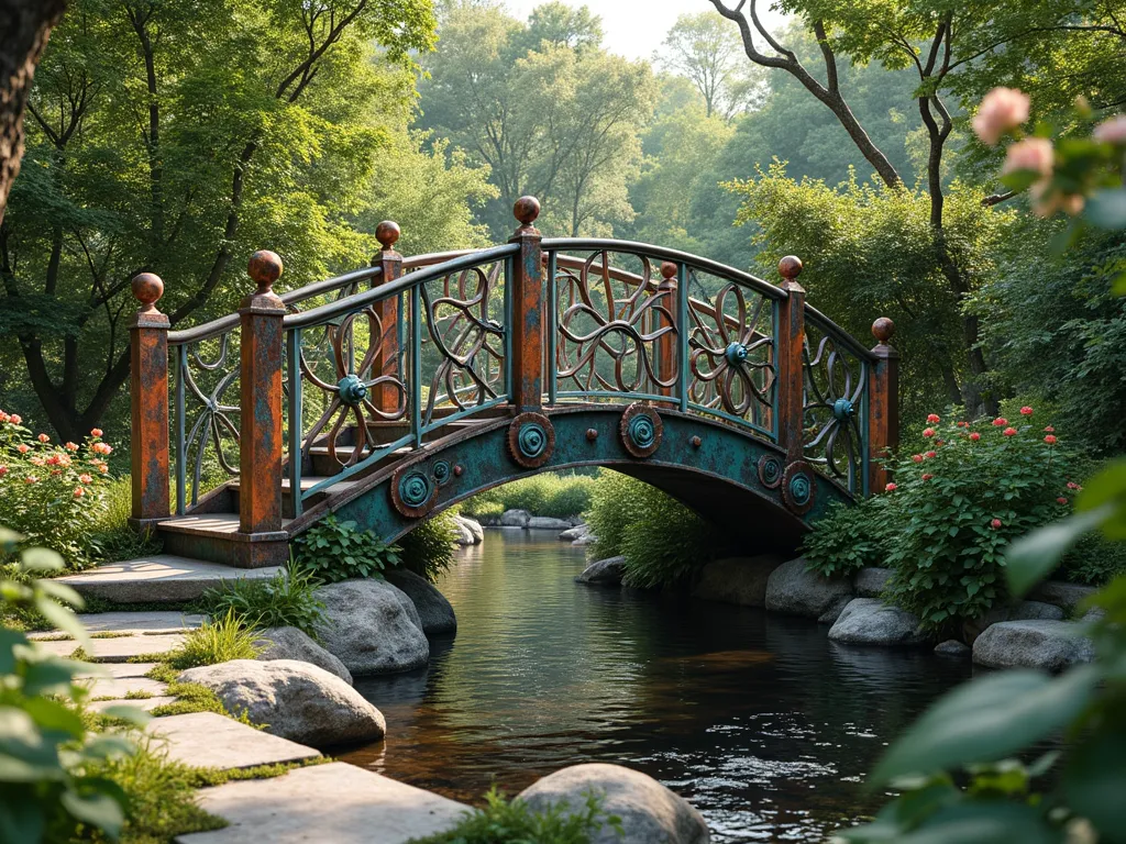 Industrial Chic Garden Bridge - A stunning garden bridge crafted from weathered copper and repurposed wrought iron gates, spanning a peaceful stream. The bridge features intricate metalwork patterns with vintage industrial gears integrated into the railings. Weathered patina in teal and rusty orange tones. Natural ivy and climbing roses softly intertwine with the metalwork. Dappled sunlight creates dramatic shadows through the artistic metalwork. Zen-like stone path approaches on both sides. Photorealistic, high-end landscape photography style, soft natural lighting.