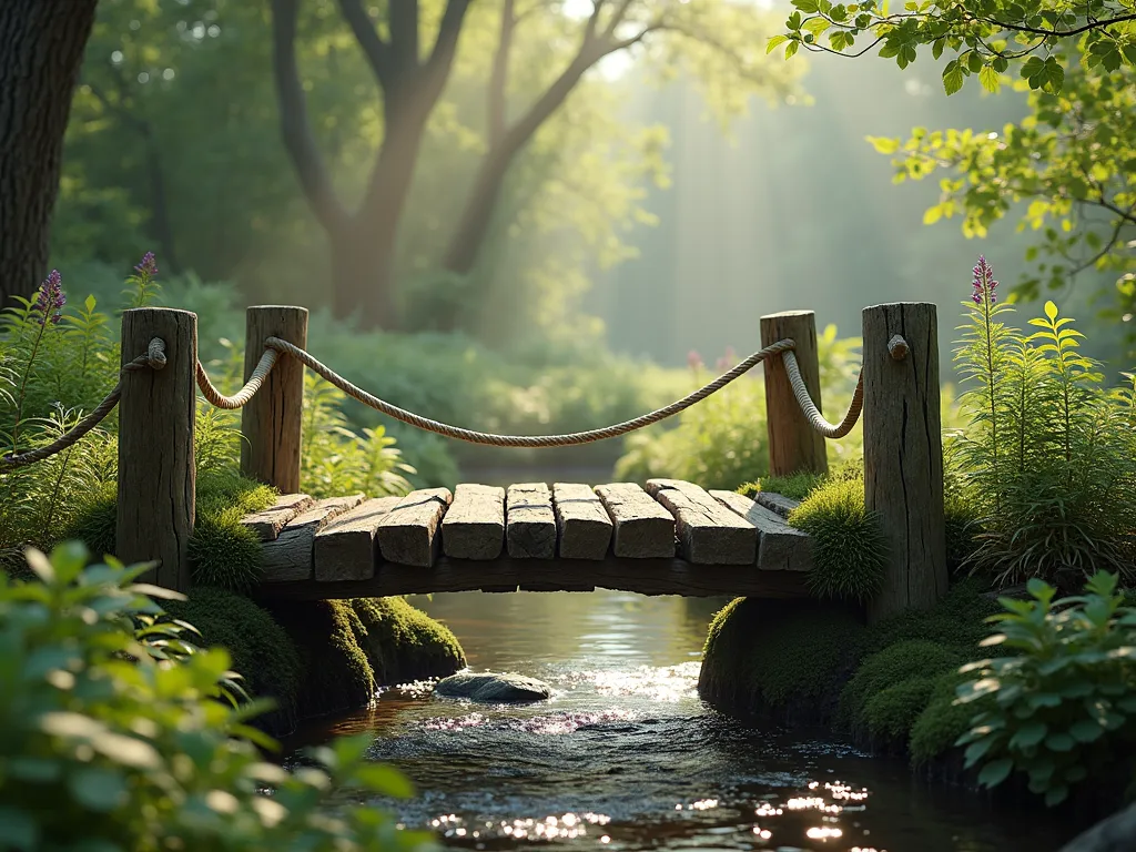 Rustic Split Log Garden Bridge - A charming garden bridge made from a weathered split log spanning a gentle stream, set in a serene woodland garden. Natural moss growing along the edges of the log, with simple rope handrails attached to wooden posts on both sides. Dappled sunlight filtering through overhead trees creates a magical atmosphere. The bridge is surrounded by natural ferns and woodland flowers, with the aged wood texture clearly visible. Soft morning mist in the background adds depth, photorealistic, 4k quality