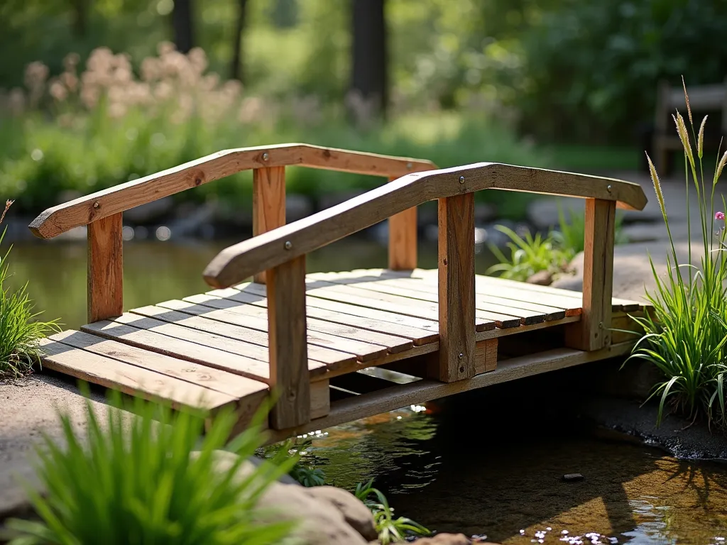 Rustic Pallet Garden Bridge - A charming garden bridge made from reclaimed wooden pallets, spanning a small stream. The bridge features weathered wood planks arranged in a harmonious pattern, with simple but elegant rustic railings. The wood has been sanded smooth and sealed with a clear finish that enhances its natural grain. Soft afternoon sunlight filters through nearby trees, casting dappled shadows on the bridge's surface. Small clusters of ornamental grasses and wildflowers grow naturally around the bridge's foundation. The scene captures a perfect balance between DIY craftsmanship and natural beauty, photographed in a dreamy, lifestyle garden setting.