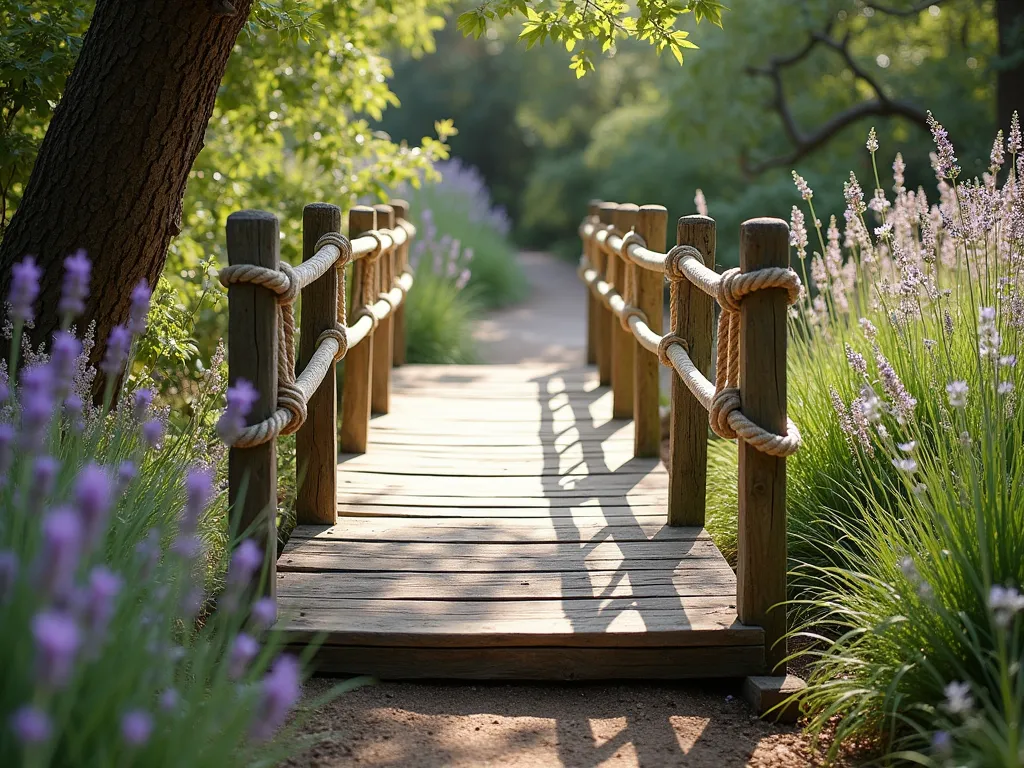 Rustic Rope and Plank Garden Bridge - A charming rustic garden bridge made of weathered wooden planks and natural rope railings, spanning over a small stream or garden path. The bridge features thick manila ropes attached to sturdy wooden posts, supporting wide cedar planks. Surrounded by cottage garden flowers, lavender, and ornamental grasses swaying in the breeze. Soft afternoon sunlight filters through nearby trees, creating a whimsical, coastal cottage atmosphere. Perspective view showing the entire bridge structure with natural landscaping elements.