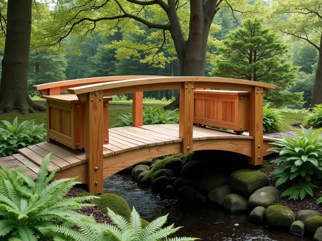 Rustic Storage Garden Bridge - A charming wooden garden bridge with weathered cedar planks spanning a small stream, featuring cleverly concealed storage compartments integrated into its sides. The bridge's railings have hidden hinged panels that lift to reveal waterproof storage spaces. Surrounded by lush ferns and hostas, with morning light filtering through overhead tree branches. The bridge design combines Craftsman and Japanese influences, with clean lines and practical functionality. Small brass hardware details accent the storage access points. Moss-covered stones line the stream banks.