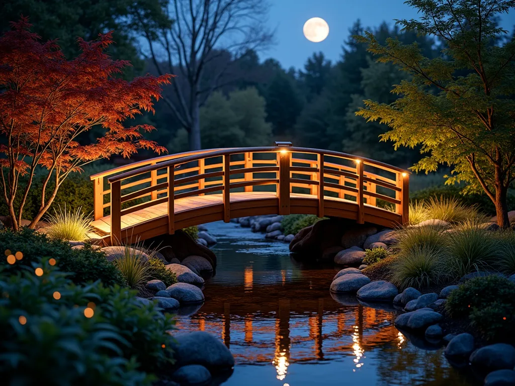 Illuminated Garden Bridge at Twilight - A charming wooden garden bridge at twilight, with built-in solar lights elegantly illuminating its railings and pathway. The warm golden lights create a magical glow that reflects off a small stream below. Japanese maples and ornamental grasses frame the scene, while subtle blue moonlight filters through overhead. The bridge features curved handrails with integrated solar panels, and the lighting casts enchanting patterns on the water's surface. Fireflies dance in the background among carefully landscaped beds of hostas and ferns.