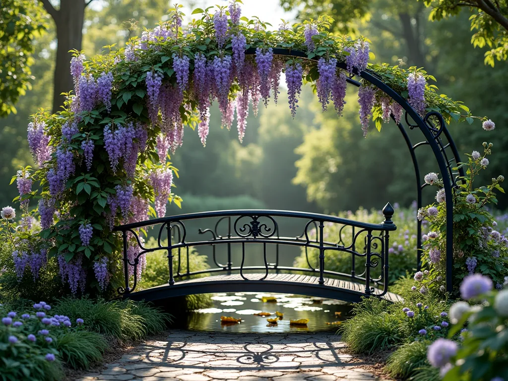 Elegant Wrought Iron Garden Bridge Arbor - A romantic garden scene featuring an elegant arched wrought iron bridge-arbor combination in matte black, adorned with climbing purple wisteria and white climbing roses. The ornate metalwork features Victorian-inspired scrollwork patterns. The bridge spans a small stream with water lilies, while the arbor structure rises 8 feet high with graceful curves. Dappled sunlight filters through the flowering vines, creating soft shadows on the weathered stone path below. The surrounding garden includes lush green foliage and perennial flowers in purples and whites.