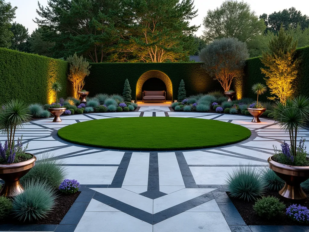 Art Deco Circular Garden at Dusk - A stunning small garden featuring a perfectly manicured circular lawn as the centerpiece, surrounded by dramatic Art Deco-inspired geometric patterns in dark grey and white paving. Bold zigzag borders and fan-shaped planting beds contain silver-leafed Artemisia and deep purple Salvias. Metallic copper planters with architectural Cordyline plants mark the cardinal points. Low-voltage lighting casts dramatic shadows across the geometric patterns, while brass garden sculptures add period authenticity. The scene is captured at dusk with warm ambient lighting, photographed from a slightly elevated angle to showcase the complete circular design and its striking Art Deco symmetry. Crisp boxwood hedges form clean lines that echo the geometric theme, while golden bamboo provides vertical interest.