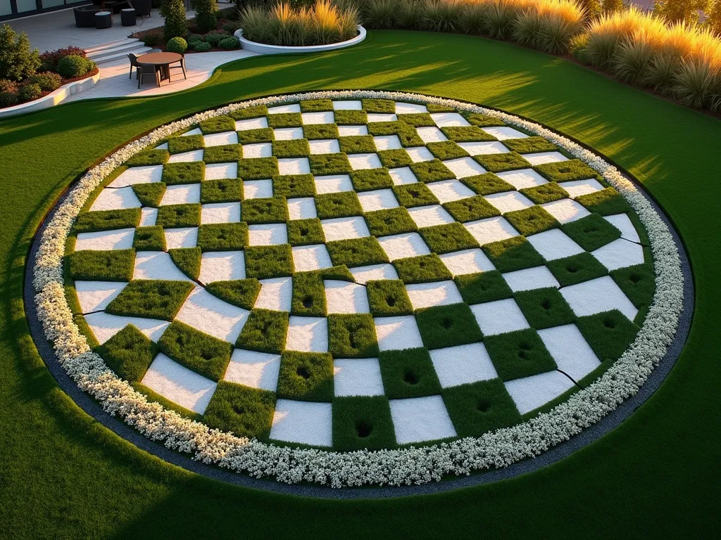 Elegant Chess-Inspired Circular Lawn Border - A stunning aerial view of a small circular lawn with an intricate chess-inspired border pattern, photographed during golden hour. The border alternates between pristine white alyssum flowers and deep black mondo grass in perfect squares, creating a sophisticated checkerboard pattern that encircles the emerald green lawn. The contrast between the dark and light elements is dramatic, with the setting sun casting long shadows that emphasize the geometric design. The circular lawn is perfectly manicured, and the chess border is meticulously maintained, creating a striking focal point in a contemporary garden space. Modern garden furniture and subtle landscape lighting are strategically placed to complement the design, while ornamental grasses in the background add depth and movement to the scene. Photorealistic, high detail, architectural garden design, 8K quality.