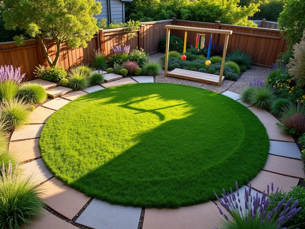 Playful Circular Garden Haven - A perfectly circular lawn in a small garden at golden hour, photographed from a high angle. The vibrant green grass forms a 15-foot diameter play circle, surrounded by a thoughtfully designed sensory garden border. Natural wooden stepping logs arranged in a curved pattern along one edge lead to a colorful outdoor xylophone. Lavender and lamb's ear create a soft, touchable boundary on another side, while rainbow-colored wind chimes hang from a curved pergola section. A small wooden bridge crosses over a shallow pebble stream feature. The entire circle is framed by butterfly-attracting flowers in purples and yellows, with Mexican feather grass adding movement. Soft rubber play tiles in earth tones create a safe pathway between activity stations. Natural lighting casts long shadows across the lawn, highlighting the textural elements and creating a magical play space atmosphere. Shot with a wide-angle lens at f/8 to capture the entire circular design while maintaining sharp detail throughout.