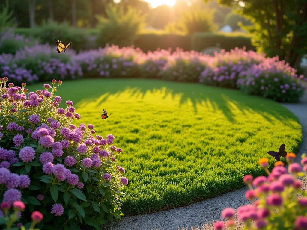 Circular Lawn Butterfly Garden - A stunning circular lawn garden at golden hour, photographed with a wide-angle lens capturing the sweeping curves of colorful butterfly-friendly borders. The perfectly manicured round lawn is encircled by graduated heights of purple butterfly bushes, pink echinacea, and clusters of purple verbena creating a mesmerizing color gradient. Butterflies hover over the blooms while late afternoon sunlight filters through the plants, casting gentle shadows across the emerald grass. The garden features naturalistic planting design with plants gently spilling onto a subtle gravel path that winds around the circular lawn. Shot at f/2.8 creating a dreamy bokeh effect in the background while maintaining sharp detail in the foreground plantings.