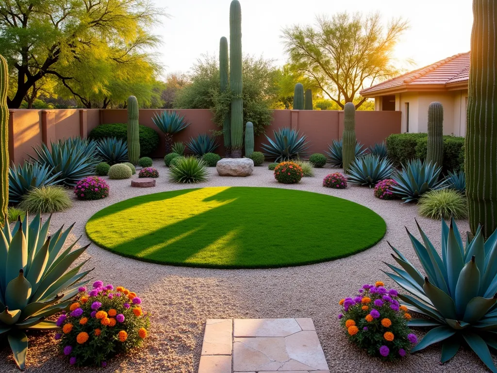 Circular Desert Oasis Garden - A stunning wide-angle shot of a small garden featuring a perfectly manicured circular lawn surrounded by a meticulously designed desert landscape. The golden evening sun casts long shadows across the space, highlighting the sculptural forms of large Agave americana and golden barrel cacti. The circular lawn creates a lush green focal point, contrasting beautifully with a surrounding bed of pale desert gravel. Dramatic Echeveria rosettes and low-growing Sempervivum create texture in the foreground, while purple-flowering Lantana and orange Aloe vera blooms add pops of color. A rustic stone pathway curves around the circular lawn, leading to a small meditation bench. Professional landscape lighting fixtures are partially visible, ready to illuminate the garden at night. Shot with a DSLR camera at f/8, capturing the rich detail and depth of the desert garden composition.