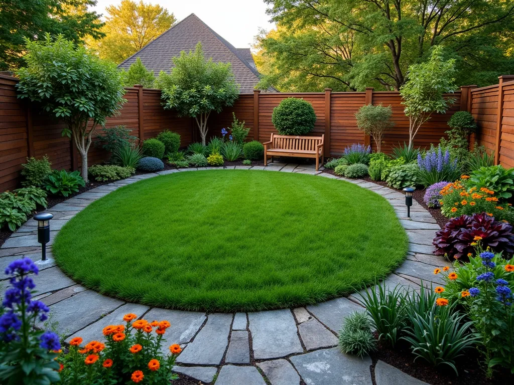 Circular Lawn with Edible Garden Border - A well-maintained circular lawn at dusk, surrounded by a lush edible garden border in a small backyard setting. The border features espaliered dwarf apple trees against a curved wooden fence, interspersed with cascading strawberry plants and colorful Swiss chard. Purple and orange nasturtiums dot the foreground, while compact blueberry bushes and herbs create layers of height. Solar-powered garden lights illuminate the curved path made of natural stone pavers that winds between the lawn and edible border. A wooden bench sits at one edge, creating a peaceful viewing spot. The composition is shot at a 45-degree angle to showcase the geometric contrast between the perfect circle of emerald grass and the organic flowing lines of the edible border, with the golden hour sun casting long shadows across the scene.