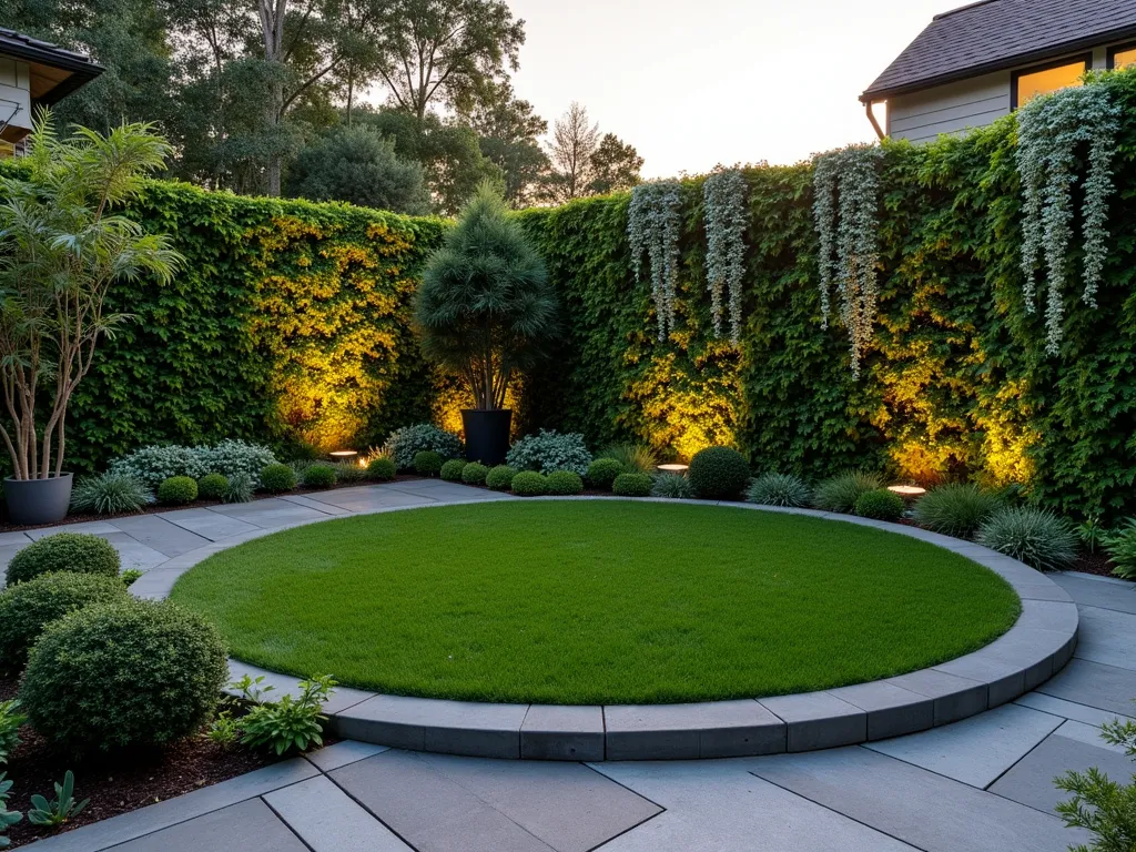 Circular Lawn with Living Wall Border at Dusk - A stunning small garden design featuring a perfectly manicured circular lawn surrounded by a curved living wall system, photographed at dusk with soft ambient lighting. The modern living wall spans 7 feet tall and follows the circular contour, densely planted with cascading ferns, trailing ivy, flowering perennials, and compact shrubs in various shades of green. The pristine lawn center measures 12 feet in diameter, with subtle landscape lighting highlighting the textural contrast between the vertical garden and horizontal grass plane. Captured with a wide-angle lens from a slightly elevated angle to showcase the full circular design and dimensional depth of the living wall. The scene is bathed in the warm golden light of sunset, creating dramatic shadows and highlighting the lush, layered plantings of the vertical garden system.