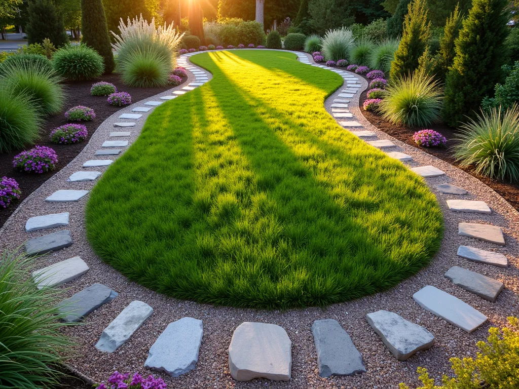 Circular Lawn with Stone Halo Path - A golden hour photograph of a small, perfectly maintained circular lawn surrounded by a mesmerizing ring of natural stepping stones. The stones vary in size and shape, embedded in light-colored gravel, creating a halo effect around the emerald grass. Purple-flowering creeping thyme grows between the stones, adding soft organic texture. The pathway is bordered by lush garden beds featuring ornamental grasses and flowering perennials that catch the warm evening light. Shot from a slightly elevated angle to showcase the geometric harmony between the circular lawn and stone ring pattern, with long shadows casting interesting patterns across the scene.