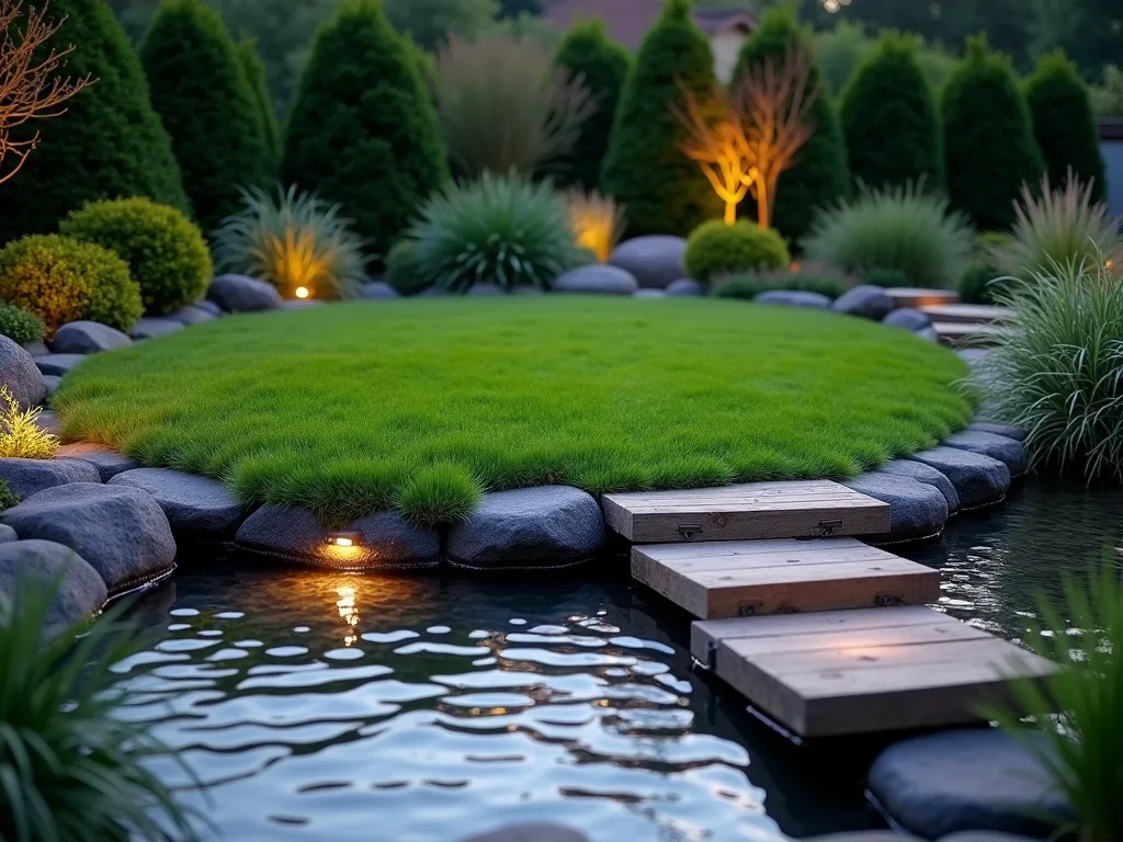 Circular Lawn with Curved Water Channel - A dusk photograph of a small garden featuring a perfectly manicured circular lawn bordered by a curved, illuminated water channel. The water feature reflects the warm evening light and creates a gentle cascade effect over smooth river stones. A series of floating wooden stepping stones crosses the water channel, leading to the lawn. The edges are planted with ornamental grasses and Japanese forest grass that sway gently above the water. Soft landscape lighting creates a magical atmosphere, with the water's surface catching golden reflections. Shot from a medium-low angle to emphasize the relationship between the lawn and water feature, with the background slightly blurred showing mature evergreen shrubs. The circular lawn appears as a verdant island surrounded by the reflective water channel, creating a stunning focal point in the garden.