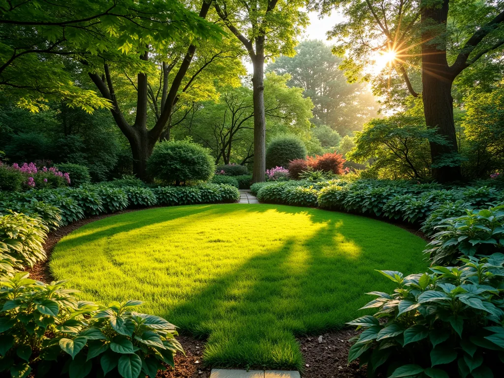 Enchanted Circular Woodland Garden Border - A tranquil small garden scene at golden hour, featuring a perfectly manicured circular lawn surrounded by a lush woodland border. Japanese maple trees cast dappled shadows across the emerald grass, while layers of silver-green ferns, large-leafed hostas, and delicate bleeding hearts create a naturalistic understory. Shot at f/2.8 with a 16-35mm lens, capturing the depth and dimension of the woodland edge planting, with soft evening light filtering through the canopy. The circular lawn appears as a serene green island embraced by the forest-inspired plantings, creating an intimate garden sanctuary. Natural stone pathway barely visible through the foliage adds mystery and woodland charm.