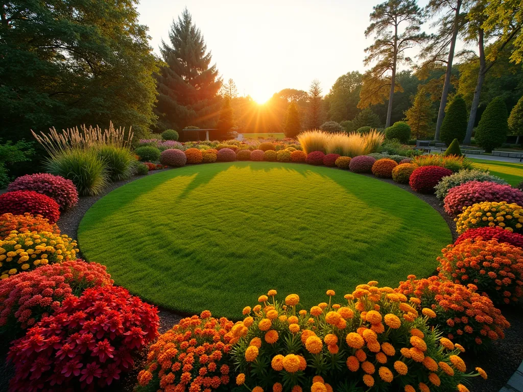 Circular Sunset Garden Border - A stunning circular lawn garden at golden hour, photographed with a wide-angle lens at f/2.8. The perfectly round lawn is surrounded by a graduated border of warm-hued plants creating a sunset effect. In the foreground, deep red Helenium and Crocosmia lucifer transition to orange Kniphofia and Lantana in the middle section, flowing into golden yellow Rudbeckia and Coreopsis at the far curve. Bronze-leafed Heuchera and copper Carex grasses add texture throughout. Soft evening sunlight casts long shadows across the manicured grass circle, while the border plants glow with ethereal backlight. The garden is photographed from a slightly elevated angle to showcase the circular design and color progression, with the setting sun visible on the horizon creating a perfect harmony with the planted color scheme.