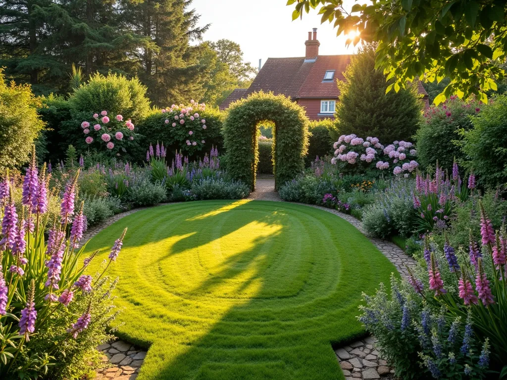 Enchanting Circular Cottage Garden - A charming small garden at golden hour featuring a perfectly maintained circular lawn surrounded by lush, overflowing cottage garden borders. Tall, purple delphiniums and pink foxgloves create vertical drama while climbing roses cascade over a rustic arch. The borders burst with informal layers of cottage flowers in soft pastels and jewel tones. A winding natural stone path curves around the circular lawn's edge, with romantic David Austin roses and wildflowers spilling onto it. Shot from a slightly elevated angle to showcase the geometric circle contrast with the natural, flowing planting style. Soft evening light casts long shadows across the manicured grass, while garden furniture hints at scale.