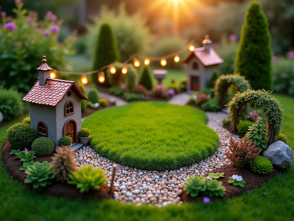 Enchanted Fairy Garden Circle at Dusk - A magical circular garden scene captured at dusk with golden hour lighting, shot at f/2.8 with a 16-35mm lens. A perfectly maintained circular lawn serves as the centerpiece, surrounded by a whimsical fairy garden border. Tiny copper-roofed fairy houses nestled among dwarf evergreens and miniature flowering plants. Delicate solar-powered string lights twinkle between small arbors covered in miniature climbing roses. Tiny pathways made of crushed shells and pebbles wind through diminutive gardens filled with thyme, baby's tears, and miniature hostas. Small-scale furniture crafted from twigs and bark, complete with a tiny gazebo and bridge, creates depth in the scene. Moss-covered stones and minimal fairy lights provide subtle illumination, while butterfly stakes and miniature wind chimes add movement. The entire scene is photographed from a low angle to emphasize the magical perspective, with the background slightly blurred to create depth.