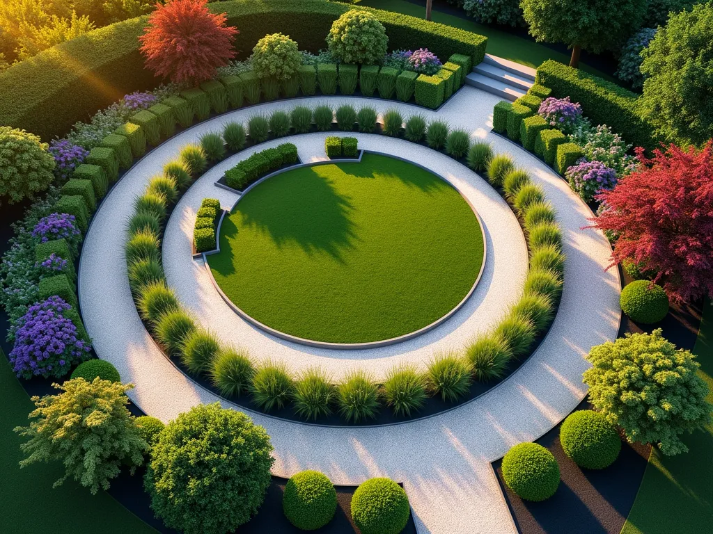 Fibonacci Garden Spiral with Circular Lawn - A stunning aerial view of a small garden featuring a perfect circular lawn at its center, surrounded by an elegant Fibonacci spiral pattern. The spiral unfolds with graduated heights of ornamental grasses, lavender, and boxwood hedges, creating a mesmerizing mathematical pattern. Pure white gravel paths weave between planted sections, following the golden ratio. Japanese maples and flowering perennials add bursts of color at strategic points along the spiral. The garden is captured during golden hour, casting long shadows that emphasize the spiral's geometric beauty. Modern garden lighting is subtly integrated along the paths, and a small meditation bench sits at the outer edge of the spiral. The design combines both formal and naturalistic elements, with the circular lawn maintaining a crisp edge against the expanding spiral pattern. Photorealistic, high detail, architectural garden design.