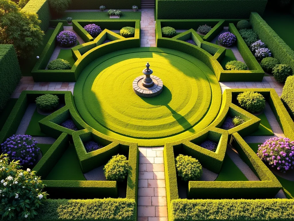 Elegant Circular Lawn with Formal Box Parterre - A stunning aerial view of a small garden featuring a perfectly manicured circular lawn surrounded by an intricate boxwood parterre garden design. The formal geometric patterns created by low, crisp boxwood hedges form symmetrical squares and diamonds radiating from the central circle. Golden evening sunlight casts long shadows across the pristine lawn, while purple lavender and white roses fill the parterre spaces. A natural stone pathway winds through the design, with a small classical fountain as a focal point. Shot with a wide-angle lens at f/2.8, capturing the rich details and formal garden atmosphere in warm, golden-hour lighting.