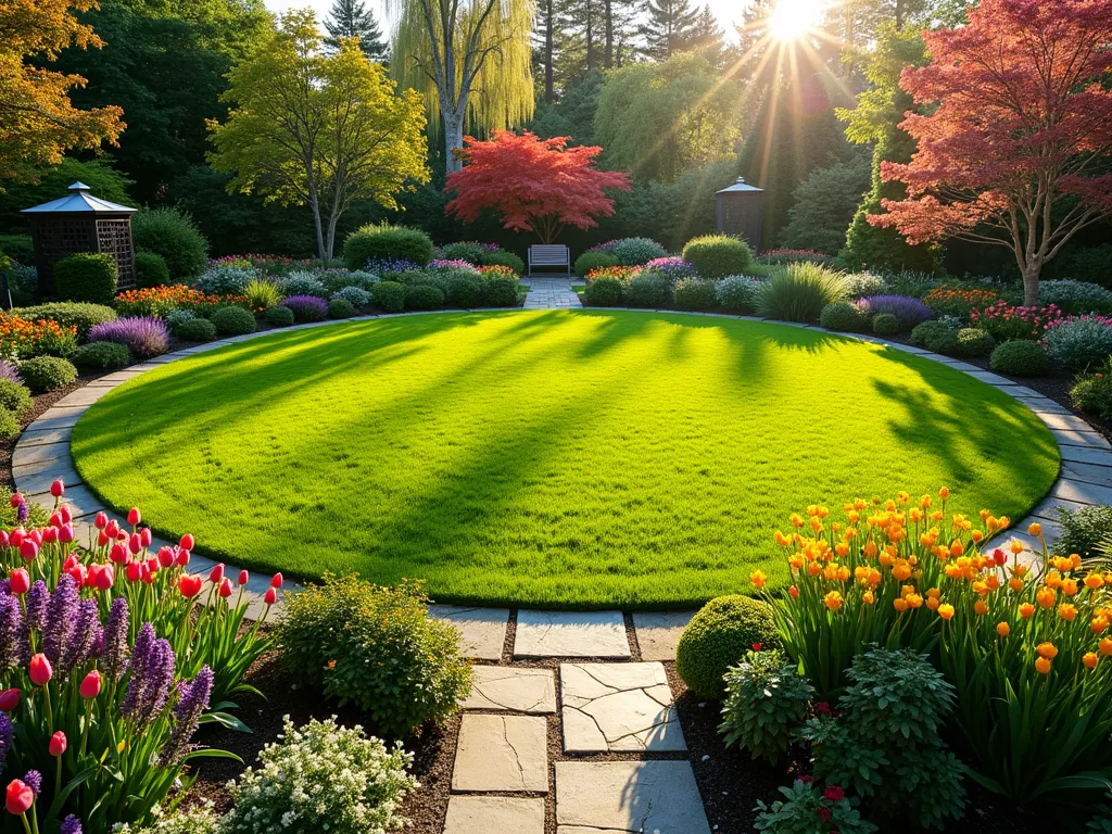 Four-Season Circular Garden Border - A stunning DSLR wide-angle shot of a perfectly circular lawn surrounded by a meticulously divided garden border showcasing all four seasons. The border features distinct quadrants: spring section bursting with colorful tulips and daffodils in bloom; summer area alive with lavender, echinacea, and vibrant roses; autumn quarter displaying Japanese maples with rich red foliage and ornamental grasses; winter section featuring white-barked birch trees, evergreen holly, and sculptural dogwood stems. Golden morning sunlight casts long shadows across the emerald circular lawn, while natural stone pathways separate each seasonal section. Captured with a soft depth of field at f/8, highlighting the layered planting design and seasonal transitions. Photographed from a slightly elevated angle to emphasize the circular design and seasonal flow.