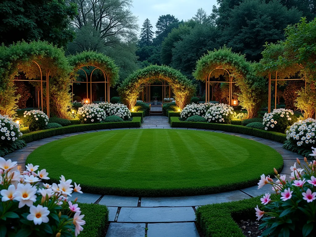 Fragrant Circular Garden Border at Dusk - A stunning circular lawn surrounded by a lush border of fragrant flowers, photographed at dusk with soft ambient lighting. Star jasmine climbs elegant trellises while clusters of oriental lilies and sweet peas create layers of color. The border features a thoughtful arrangement of plants at varying heights, with delicate fairy lights woven through the garden, creating a magical atmosphere. The circular lawn is perfectly manicured, serving as a serene centerpiece, while the aromatic border creates a sensory sanctuary. Captured from a three-quarter elevated angle to showcase the perfect circular design and the harmonious blend of flowering plants