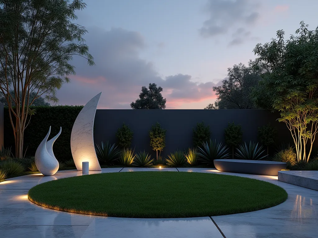 Modern Circular Lawn with Sculptural Elements - A stunning twilight scene of a small modern garden featuring a perfectly manicured circular lawn as its centerpiece. Sleek, polished steel and white marble sculptures of varying heights create dramatic silhouettes against the dusky sky. Architectural plants like black bamboo and sculptural agaves frame the space, while LED uplighting casts dramatic shadows. The lawn is bordered by a thin strip of brushed concrete, creating a clean geometric contrast. Minimal yet striking contemporary benches in charcoal gray provide seating areas, while strategic spotlighting illuminates key sculptural pieces. The composition is photographed from a slightly elevated angle to showcase the circular design's perfect symmetry and the harmonious balance between green space and artistic elements. Hyperrealistic, architectural photography style, dramatic lighting, 8K resolution.