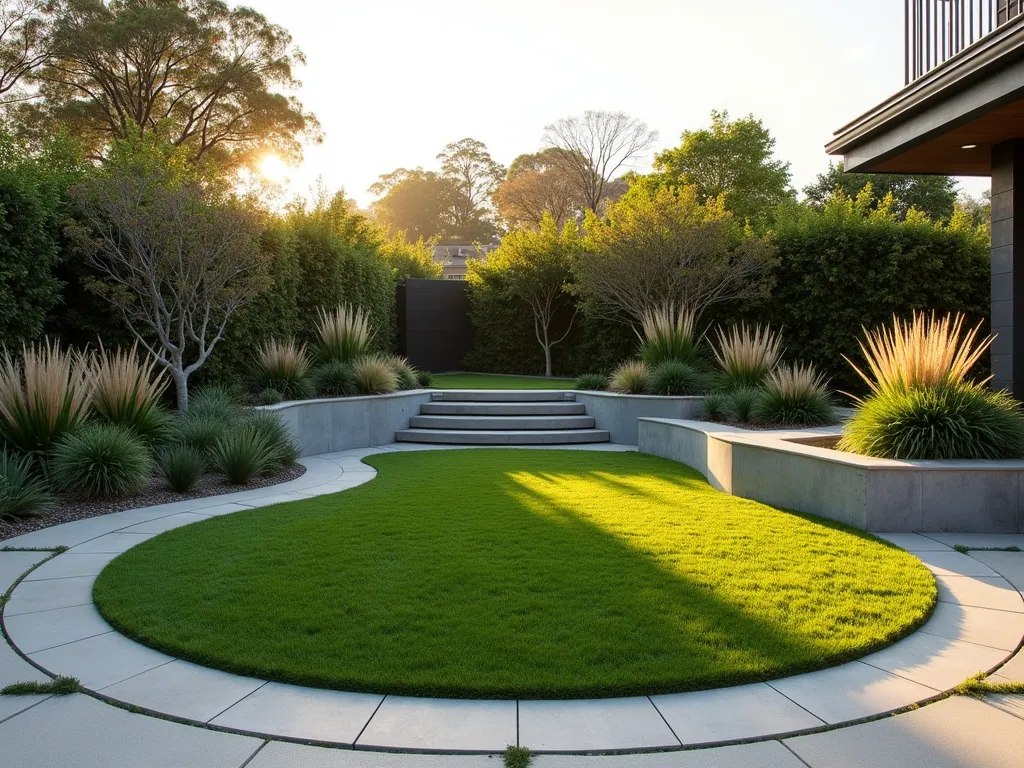 Modern Circular Lawn with Architectural Ring - A stunning modern small garden featuring a perfectly circular lawn surrounded by a sleek, minimalist concrete ring border, captured during golden hour. The clean-lined concrete ring creates a striking geometric contrast against the emerald grass. Architectural New Zealand flax plants with their bold, sword-like leaves rise dramatically from blocked sections around the perimeter, alternating with ornamental grasses that sway gently in the breeze. The contemporary design is photographed from a slightly elevated angle to emphasize the pure circular geometry and the interplay of textures between the smooth concrete, lush lawn, and structural plants. Soft evening light casts long shadows across the space, highlighting the modern, minimalist aesthetic.