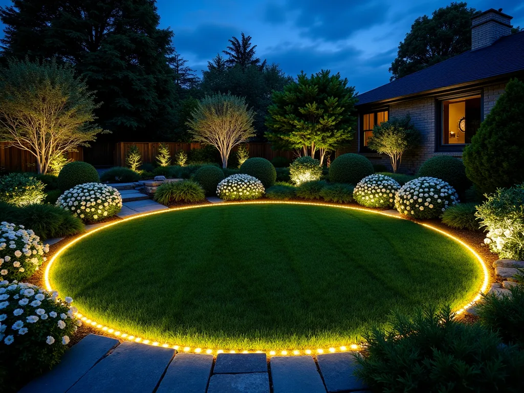 Enchanted Moonlit Circle Garden - A magical nighttime garden scene featuring a perfectly manicured circular lawn, 15 feet in diameter, illuminated by a ring of warm white LED ground lights creating a ethereal glow. The circular lawn is surrounded by curved flower beds filled with luminous white moonflowers and cascading white petunias that seem to float in the darkness. Shot from a 45-degree elevated angle, the composition captures the entire circular design with modern slate stepping stones leading to a small seating area. The garden is photographed during the blue hour, with a deep indigo sky adding depth, while the strategic lighting creates dramatic shadows and highlights the textures of the grass. The surrounding landscape features silver-leafed plants that reflect the moonlight, creating additional layers of visual interest. Professional DSLR photo with precise exposure to balance the artificial lighting and natural evening ambiance.