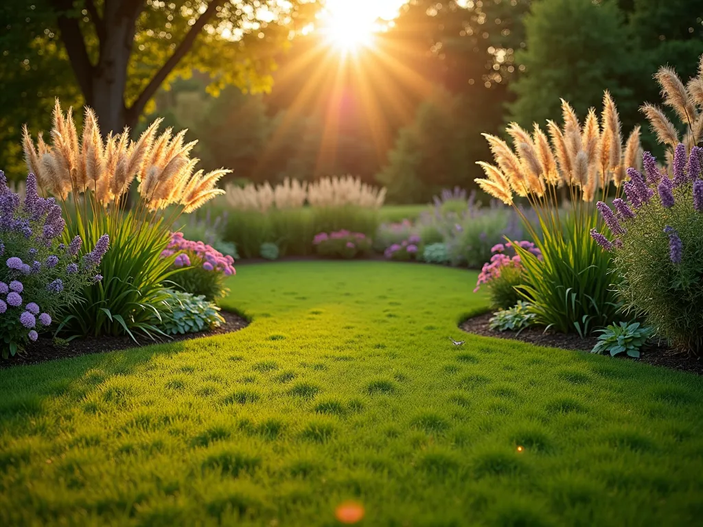 Prairie-Style Circular Lawn Border - A peaceful garden scene at golden hour featuring a perfectly circular lawn surrounded by flowing prairie-style plantings. Tall Miscanthus grasses and Calamagrostis catch the warm evening light, their feathery plumes swaying gently. Purple coneflowers, black-eyed susans, and native asters create waves of color in a naturalistic border. The formal circular lawn creates a striking geometric contrast against the wild, informal prairie plantings. Shot from a low angle with a wide-angle lens, capturing the interplay of golden sunlight through the ornamental grasses, with soft bokeh in the background. The pristine emerald green lawn serves as a serene centerpiece, while butterfly visitors add life to the scene. Photographic style: professional DSLR, f/8, natural lighting, golden hour, capturing both the overall design and intricate plant details.