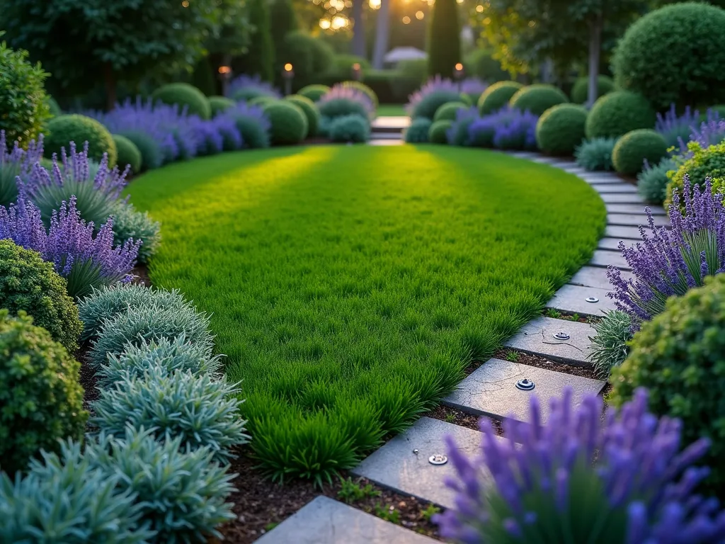 Spiral Herb Garden Border with Circular Lawn - A magical twilight garden scene featuring a perfectly manicured circular lawn surrounded by a mesmerizing spiral herb garden border, shot from a 45-degree elevated angle. The spiral border gradually rises in height, starting with a carpet of silvery-green creeping thyme at the lawn's edge, transitioning through compact sage and oregano, then rising to waist-height purple blooming lavender and tall rosemary bushes. Soft garden lighting illuminates the spiral pattern, casting gentle shadows across the emerald grass circle. Weathered stone pavers create narrow walking paths between herb sections, with tiny white solar lights marking the edges. The spiral design creates a flowing, dynamic movement that draws the eye inward to the pristine lawn center. Dew drops glisten on herb leaves, catching the last rays of sunset, while the fresh, aromatic herbs add a sensory dimension to the scene. The composition is intimate and carefully manicured, perfect for a small garden space.