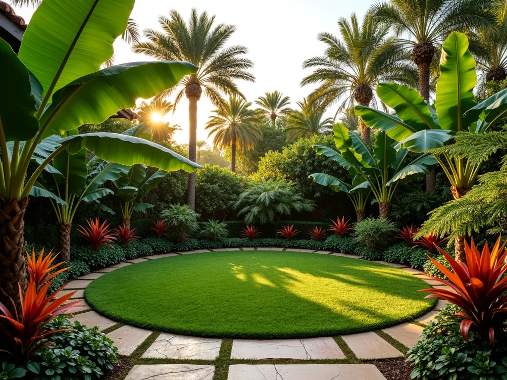 Circular Lawn Tropical Haven - A stunning backyard garden scene at golden hour, photographed with a wide-angle lens showing a perfectly manicured circular lawn surrounded by dramatic tropical foliage. Towering banana plants with large, backlit leaves create striking silhouettes, while vibrant red and orange cannas provide a middle layer. Lush tree ferns add texture with their delicate fronds. The circular lawn appears as a serene green island, perfectly maintained and creating a striking contrast against the exotic planting. Natural stone pavers create a curved path leading to the lawn, while strategic lighting highlights key plants. The scene is captured with shallow depth of field, emphasizing the rich textures and creating a dreamy, paradise-like atmosphere.