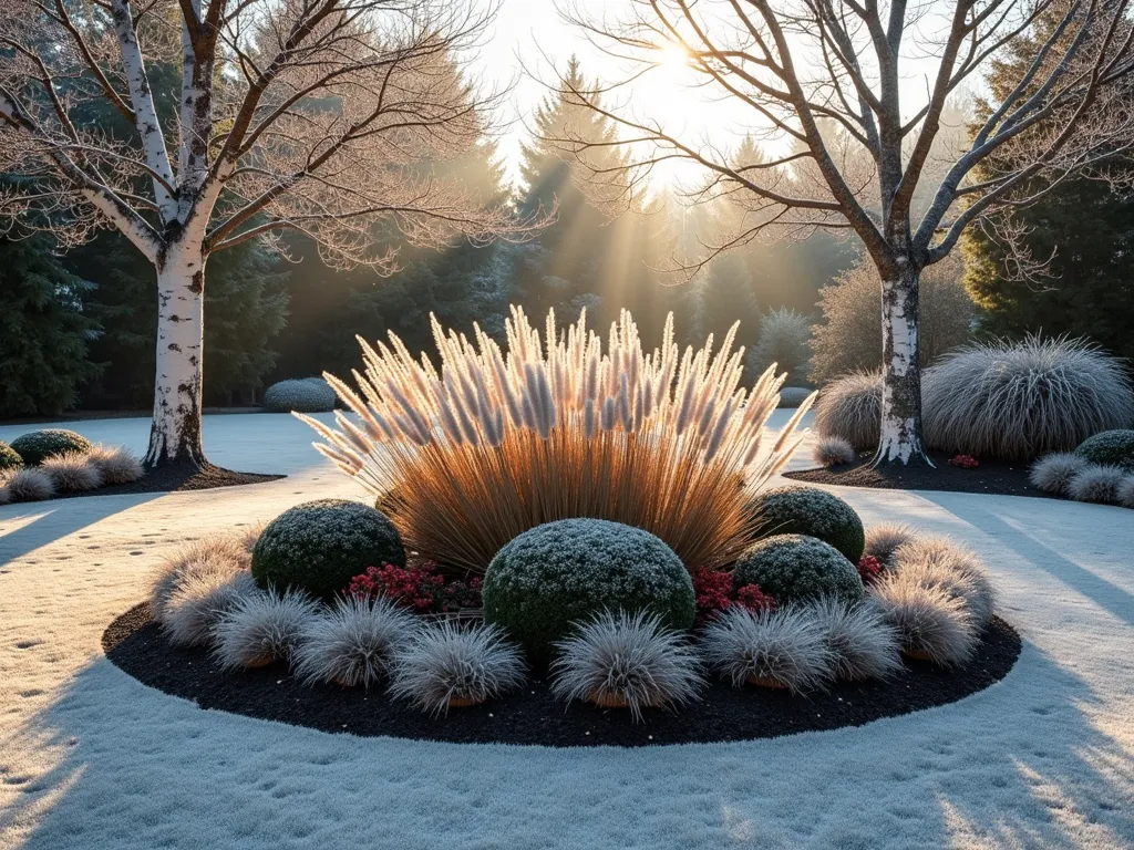 Frosty Winter Circle Garden at Dawn - A breathtaking dawn view of a perfectly circular garden bed surrounded by frosted lawn, featuring a harmonious winter garden design. The focal point shows silvery ornamental grasses catching the early morning light, their plumes covered in delicate frost crystals. Deep green boxwood spheres provide structure, while the rich burgundy stems of dogwood create striking vertical elements. White-barked birch trees add architectural interest, their branches dusted with snow. Japanese forest grass and bergenia provide ground cover, their leaves rimmed with frost. Red winter berries peek through the composition, offering vibrant color against the winter palette. The entire scene is bathed in soft, golden morning light, creating long shadows across the frosted lawn, photographed from a slightly elevated angle to showcase the perfect circular form.