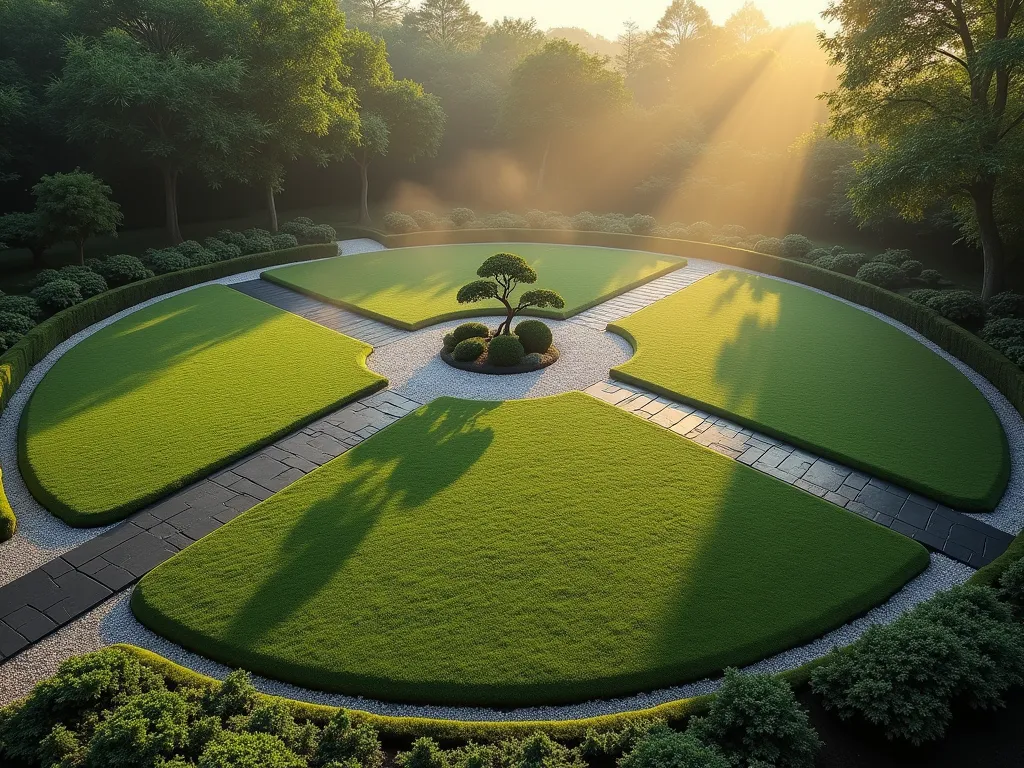 Minimalist Zen Circle Garden with Cardinal Pathways - A serene circular garden at dawn, shot from a high angle with a 16-35mm lens, f/2.8, ISO 400. A perfectly manicured circular lawn divided into four equal sections by dark slate pathways arranged in a compass pattern. The pathways are bordered by meticulously raked white gravel gardens in the Japanese karesansui style. Tall, elegant black bamboo creates dramatic vertical elements at the cardinal points, while artistically cloud-pruned Japanese holly shrubs add sculptural interest between the quarters. Morning mist hovers slightly above the grass, while golden sunlight casts long shadows across the geometric design, emphasizing its contemplative nature. The entire composition is captured from a 30-degree elevated perspective, showcasing the perfect symmetry and zen-like balance of the space.