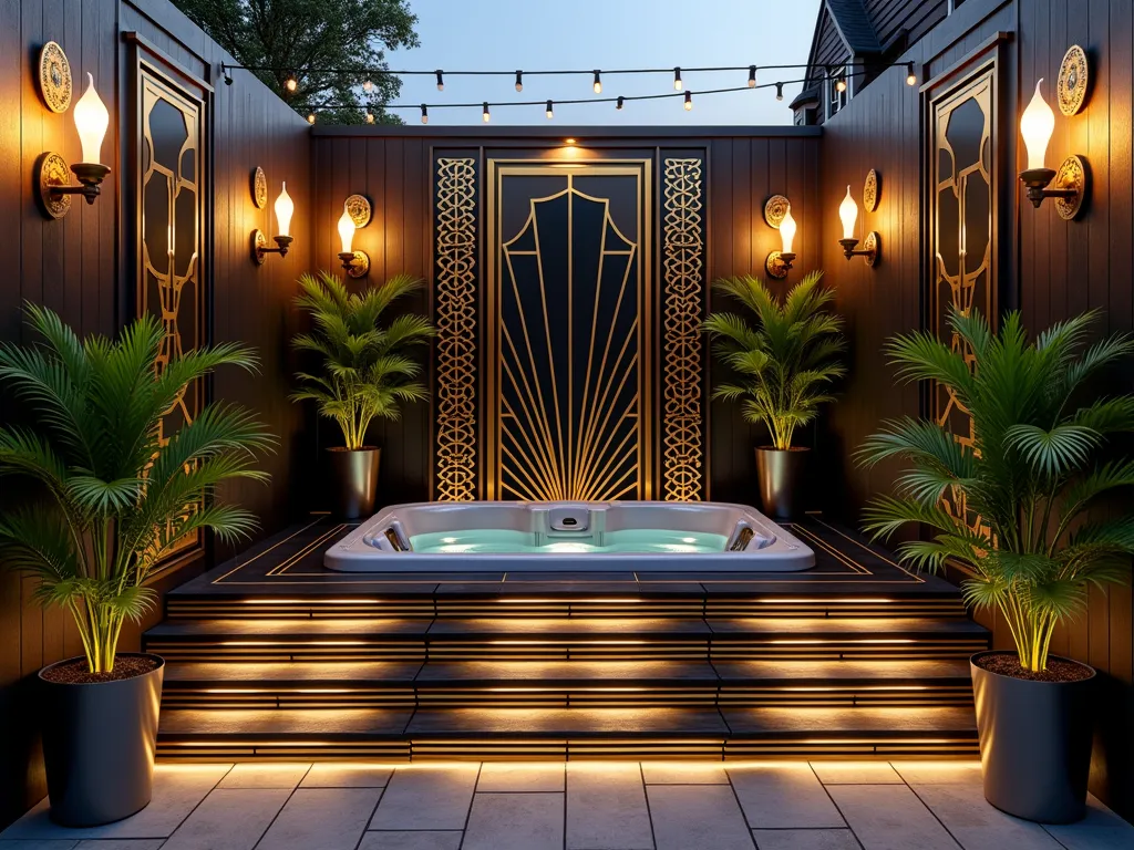 Art Deco Garden Hot Tub Oasis - A stunning evening shot of an intimate garden hot tub area featuring dramatic Art Deco design elements, captured with a wide-angle lens. The hot tub is surrounded by black and gold geometric pattern tiles in a classic Art Deco fan motif. Ornate brass privacy screens with zigzag patterns frame the space, while strategically placed mirror panels create depth and reflect the warm lighting. Modern gold sconces mounted on dark charcoal walls cast dramatic shadows. The tub is accented by sleek chrome fixtures and built into a custom deck with steps featuring inlaid brass strips. Potted palm plants in metallic planters add tropical sophistication. Soft uplighting illuminates the entire space while string lights draped overhead create a magical ambiance. The composition showcases the luxurious yet space-efficient design in a 16:9 ratio, shot at golden hour for optimal lighting and atmosphere.