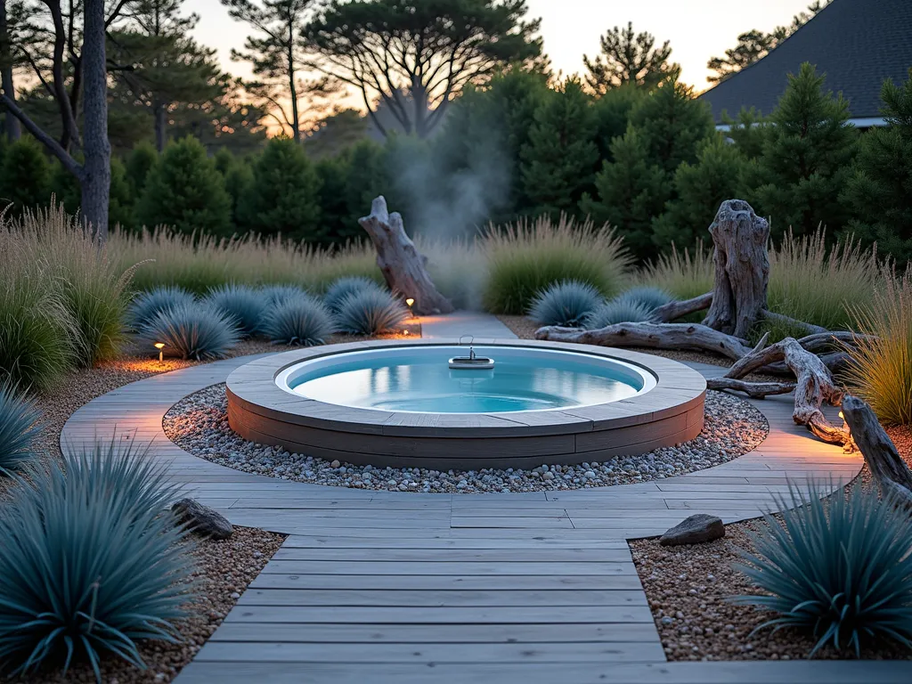 Coastal Retreat Hot Tub Oasis - A serene coastal-style garden hot tub setting at dusk, photographed with a wide-angle lens. A modern circular hot tub is nestled into weathered gray cedar decking, surrounded by clusters of swaying beach grass and coastal plants. Natural sand-colored pebbles create meandering pathways around the tub. Nautical rope railings add maritime charm, while strategically placed maritime pine and ornamental grasses cast gentle shadows in the warm evening light. Soft deck lighting illuminates the space, with the steam rising from the hot tub creating an ethereal atmosphere. The design incorporates weathered driftwood pieces as decorative elements, and blue fescue grass adds silvery-blue accents that complement the coastal theme. Shot at f/2.8 with beautiful bokeh effect on the background vegetation.