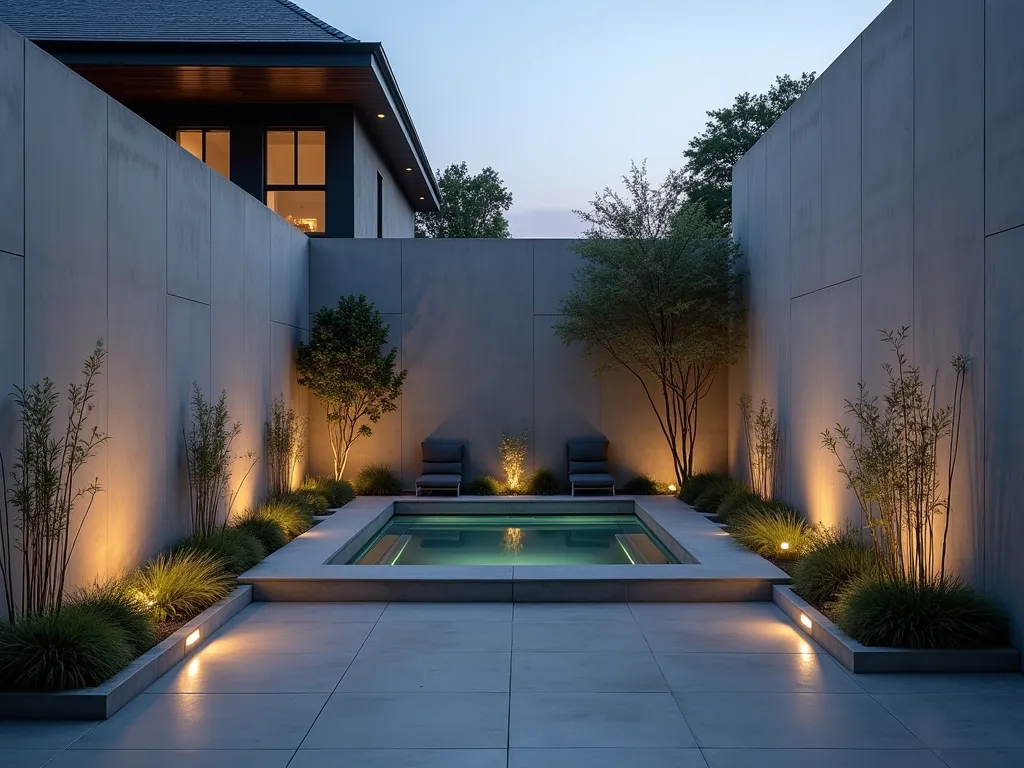 Contemporary Concrete Hot Tub Haven - A stunning dusk photography shot of a modern small garden featuring a sleek built-in hot tub surrounded by smooth concrete panels, captured with a 16-35mm lens at f/2.8. The minimalist design showcases clean geometric lines and industrial materials, with the hot tub nestled within light grey concrete walls. Strategic LED uplighting creates dramatic shadows on the concrete surfaces. Small built-in planters feature ornamental grasses and bamboo providing organic contrast against the angular design. The wide-angle composition emphasizes the intimate urban setting while capturing ambient evening light reflecting off the water's surface. Modern lounge furniture in charcoal grey complements the contemporary aesthetic.