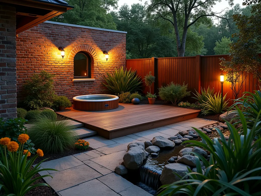 Sustainable Hot Tub Garden Retreat - A serene dusk photograph of an intimate eco-friendly garden space featuring a small cedar hot tub nestled against reclaimed brick walls. The hot tub is surrounded by a deck made from weathered reclaimed timber, complemented by native ferns and prairie grasses. Solar-powered lanterns cast a warm glow across the space, while a naturalistic rain garden with river rocks and native wildflowers cascades down one side. A recycled copper water feature trickles into the rain garden, creating a peaceful ambiance. Captured with a wide-angle lens showing the entire harmonious composition, with golden hour lighting filtering through the foliage. The scene demonstrates perfect balance between luxury and environmental consciousness, with butterfly bushes and cardinal flowers attracting local wildlife. 8K resolution, professional lighting, dramatic shadows, atmospheric.