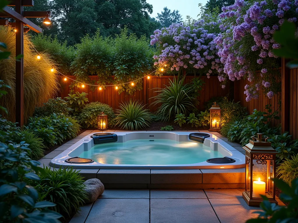 Enchanted Hot Tub Haven at Twilight - A serene and intimate garden nook featuring a modern hot tub nestled within a lush sanctuary, photographed at twilight with a 16-35mm lens, f/2.8, ISO 400. Tall, swaying Miscanthus grasses create natural privacy screens while purple and white clematis climbers cascade down copper-framed trellises. Warm-toned LED fairy lights are delicately woven through the foliage, casting a magical glow. Vintage-style brass lanterns with flickering solar candles are strategically placed along natural stone pavers. The composition is captured from a medium-wide angle, showing the cozy scale of the space while highlighting the interplay between soft lighting and verdant foliage. Wisps of steam rise from the water's surface, creating an ethereal atmosphere in the dim evening light.