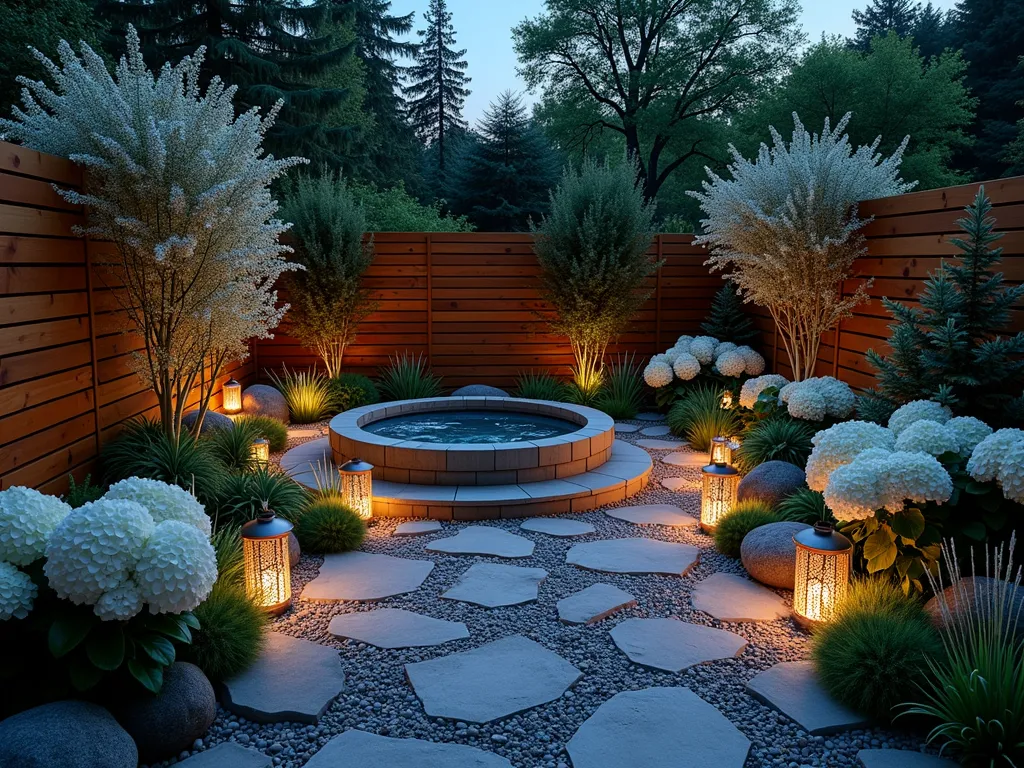 Enchanted Midnight Hot Tub Garden - A mesmerizing nighttime garden scene featuring a small, elegant hot tub surrounded by an ethereal landscape. White moonflowers and night-blooming jasmine cascade around cedar privacy screens. Illuminated by strategic uplighting, casting soft shadows on weathered stone pavers. Glow-in-the-dark pebbles create a magical pathway leading to the tub. Silver-leafed plants like lamb's ear catch moonlight, while Japanese forest grass sways gently. Modern copper lanterns provide ambient lighting. The scene is photographed in a wide angle during twilight hours, capturing the transition between day and night, with a slight mist adding mystery. The hot tub is nestled in a cozy corner, with white Hydrangeas and Astilbe creating a luminous border. Photorealistic, atmospheric lighting, moody garden photography.