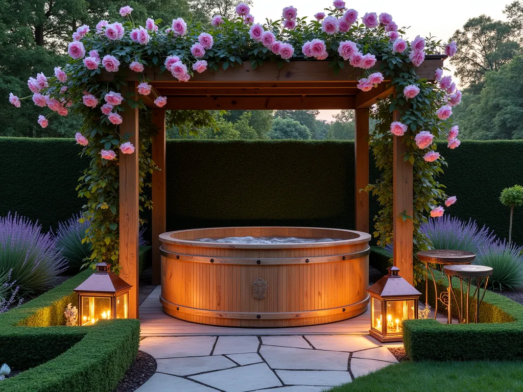 English Garden Hot Tub Retreat at Dusk - A luxurious wooden hot tub nestled within a meticulously landscaped English garden setting, photographed at dusk with warm atmospheric lighting. Perfectly manicured box hedges create geometric borders around the tub, while climbing pink David Austin roses cascade over an aged wooden pergola above. A curved flagstone path leads to the tub, flanked by lush herbaceous borders featuring lavender, foxgloves, and delphiniums in soft purple and white hues. Vintage-style copper lanterns cast a warm glow, illuminating an antique wrought-iron bistro set nearby. The scene is captured in a wide-angle perspective, showing the harmonious integration of the hot tub within the romantic cottage garden design. Soft evening light filters through the climbing roses, creating magical shadows on the weathered wooden decking surrounding the tub.