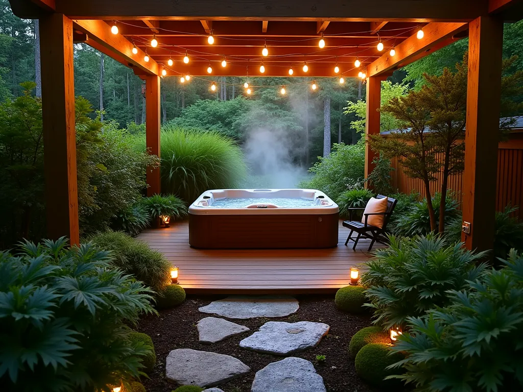 Forest Bathing Hot Tub Haven - A serene twilight scene of a small garden hot tub nestled among towering Japanese forest grass and native ferns, photographed with a wide-angle 16-35mm lens at f/2.8. The intimate space features a natural cedar deck surrounding a compact hot tub, while strategically placed copper up-lights cast dramatic shadows through the leaves of Japanese Maples and Ghost Ferns. A curved pathway of moss-covered stones leads to the tub, bordered by lush Hostas and delicate Bleeding Hearts. Warm LED string lights are draped overhead between wooden pergola beams, creating a magical forest canopy effect. The composition captures steam rising from the hot tub, with the last rays of sunset filtering through the foliage, shot at ISO 400 to maintain the ambient lighting balance.