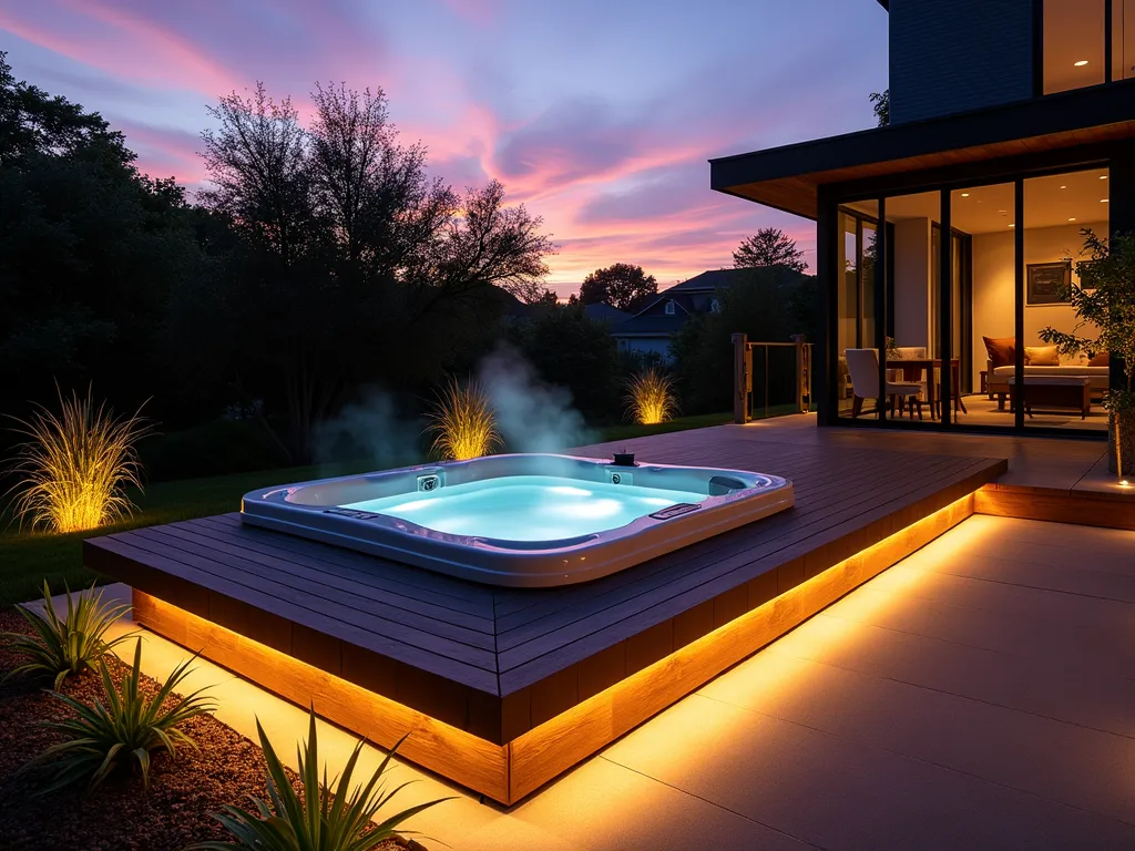 Illuminated Floating Deck Hot Tub - A stunning twilight photograph of a modern floating deck with a built-in hot tub, captured with a wide-angle lens at f/2.8. The contemporary wooden deck appears to hover 18 inches above a beautifully landscaped small garden, with warm LED underlighting creating a magical floating effect. The hot tub is surrounded by minimalist composite decking in rich espresso tones, while strategic spotlighting illuminates ornamental grasses and bamboo plants along the deck's perimeter. Steam rises gently from the hot tub's surface, reflecting the ambient lighting. Japanese forest grass and low-maintenance succulents soften the deck's edges. Shot from a 45-degree angle to showcase both the deck's floating design and the atmospheric lighting beneath, with the last rays of sunset creating a purple-orange glow in the background.