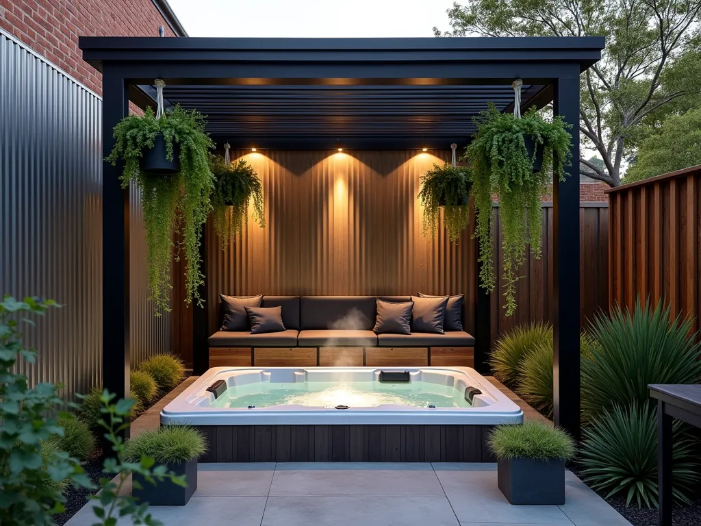 Industrial Chic Hot Tub Sanctuary - A stunning evening shot of a compact urban garden featuring a sleek hot tub nestled within a contemporary industrial-style enclosure. Corrugated metal panels in weathered steel tones form a dramatic backdrop, while black powder-coated steel beams create a modern pergola structure overhead. Softening the industrial elements, cascading pothos and ferns hang from macramé planters, while plush charcoal outdoor cushions line a built-in cedar bench. Modern LED strip lighting casts a warm glow against the metal surfaces, creating an intimate atmosphere. The hot tub is surrounded by smooth concrete pavers, with architectural grasses providing texture in geometric planters. Shot from a 45-degree angle to capture both the vertical and horizontal design elements, with steam gently rising from the water's surface.